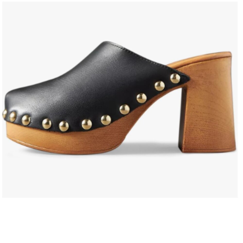 YDN Black Leather Studded Wood Platform Clogs